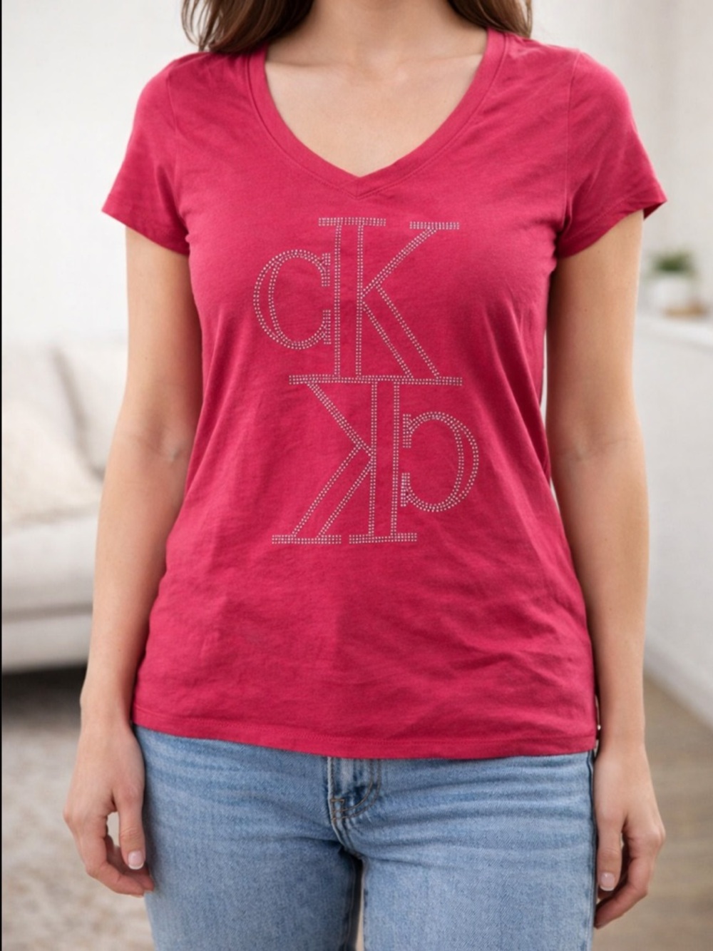 Calvin Klein Shirt Womens Large Rust Red Rhinestone‎ Logo Short Sleeve T Shirt